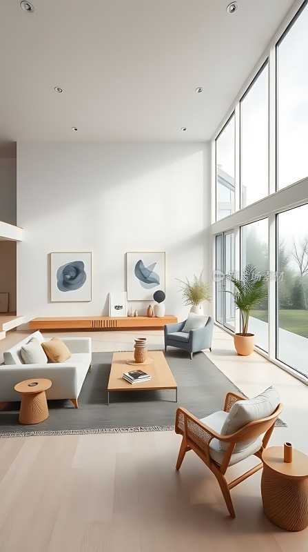 现代简约客厅自然光线充足家具简洁大方装饰画和绿植点缀其中