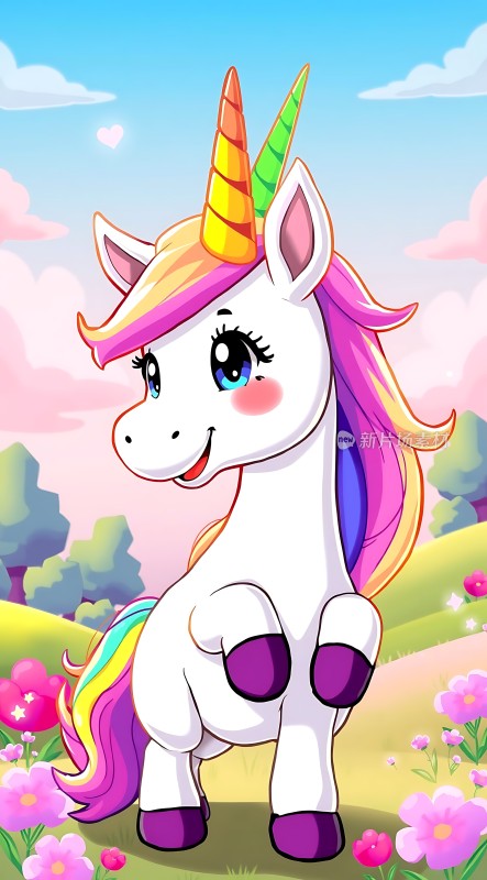 彩虹独角兽在花丛中微笑