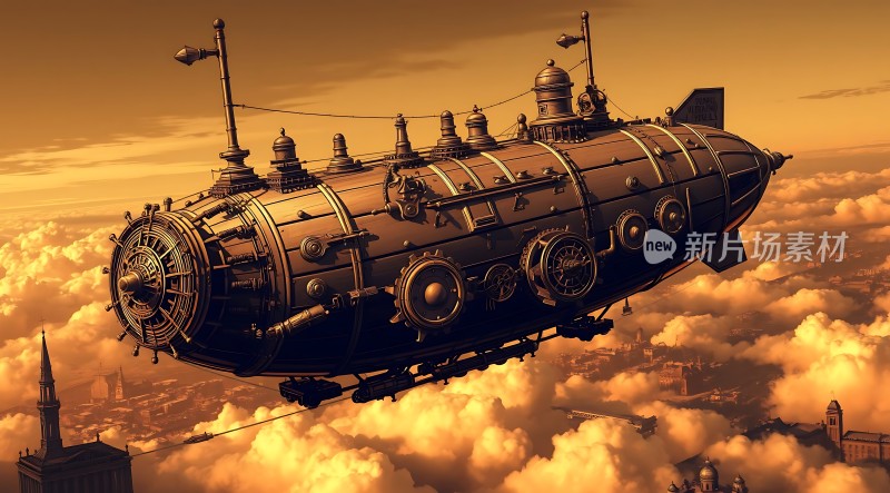 蒸汽朋克飞艇翱翔云端