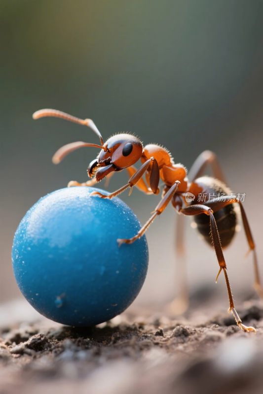 蚂蚁推动蓝色球体