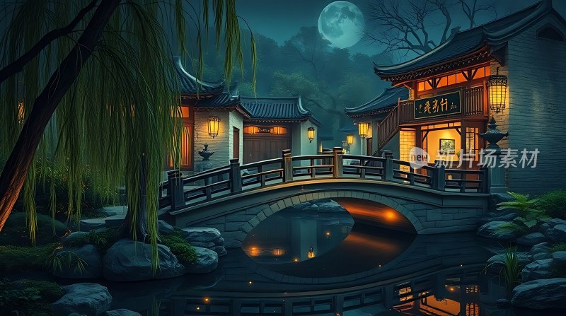 古桥夜色灯火阑珊映月影