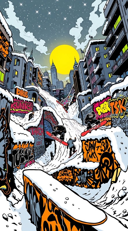 雪地滑板城市之夜