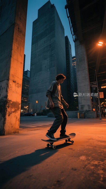 滑板少年夜色中疾驰