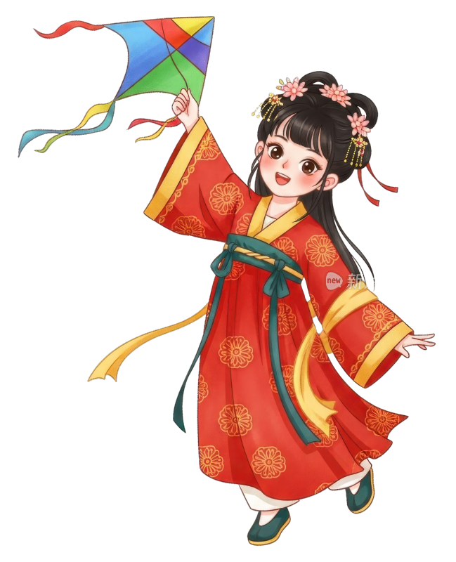 穿着传统服饰玩风筝的女孩