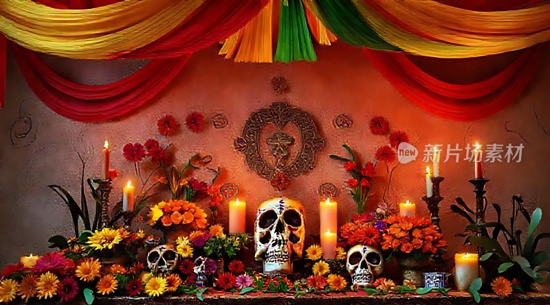 亡灵节祭坛骷髅与鲜花共舞