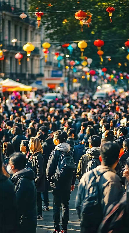 春节庙会人潮涌动灯笼高挂映衬热闹非凡