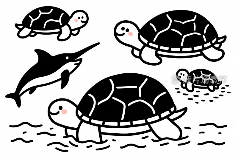 卡通乌龟海豚插画