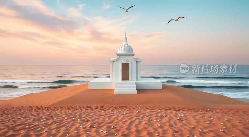 海边的白色小屋与飞翔的海鸥