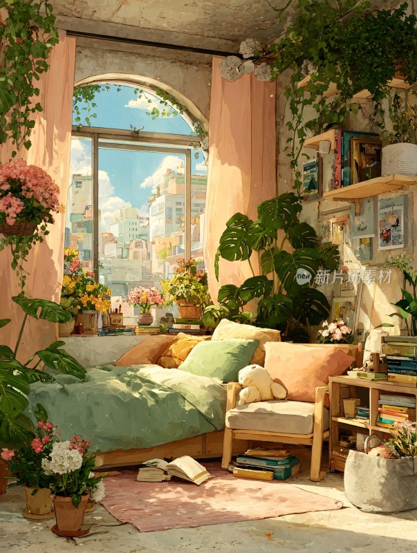 温馨绿植环绕的卧室室内场景