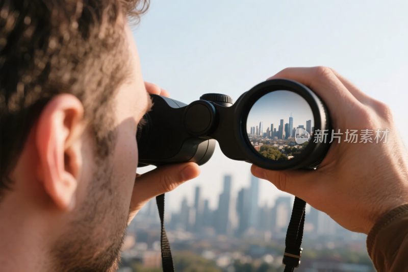 人物用望远镜观察城市景观