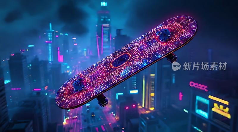 霓虹城市滑板飞跃夜空