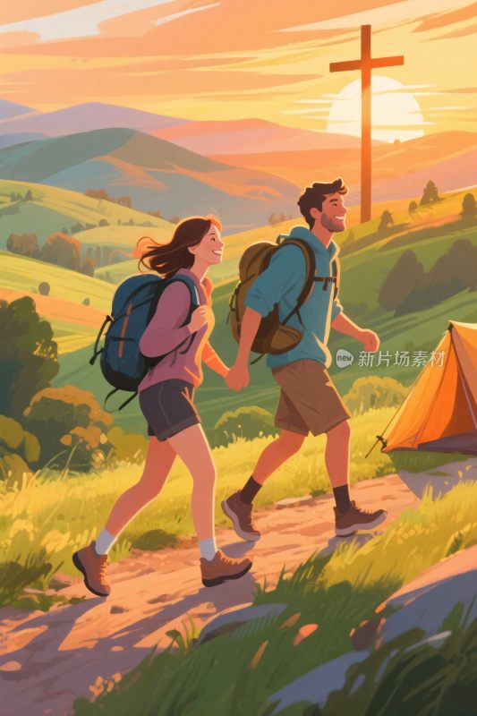 户外徒步插画场景