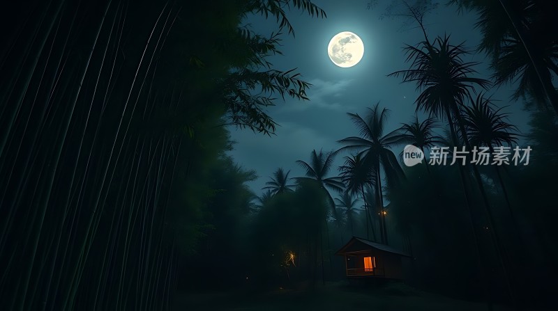 椰林夜色下的温馨小屋