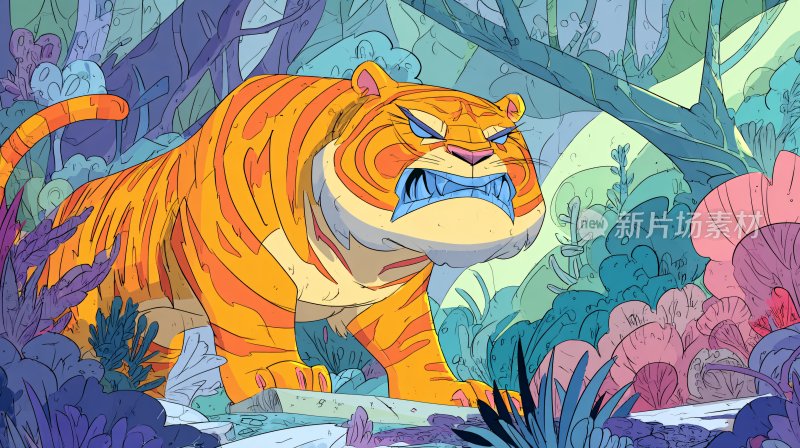 森林中的威猛老虎插画