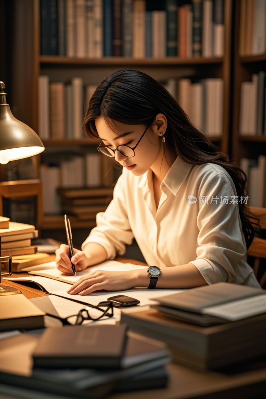 坐在桌子旁的女人拿着灯在书里写字高清图片