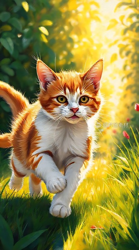 阳光下的橘猫奔跑在绿草间