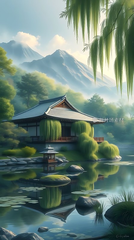 湖畔古亭映山色