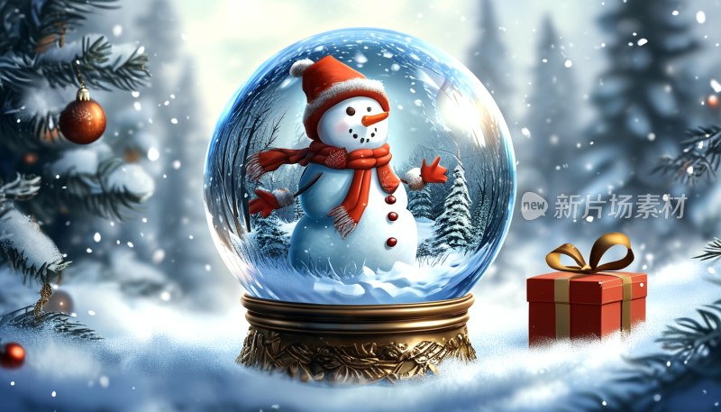 雪地中的水晶球与雪人