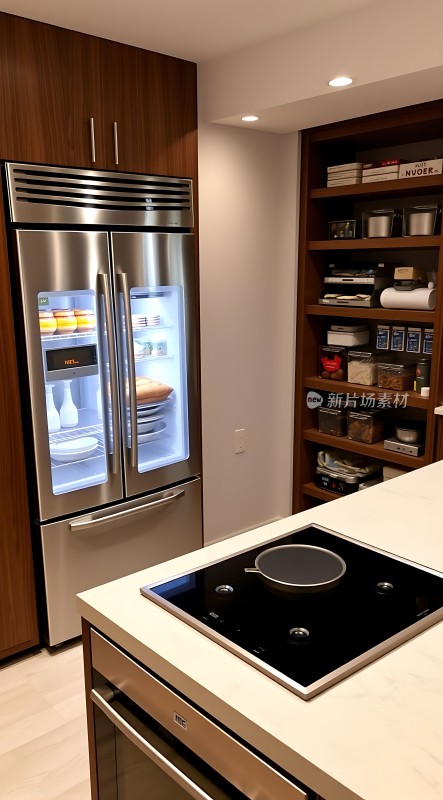 现代厨房设计高端冰箱与开放式橱柜