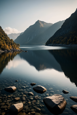 一个湖里面有岩石山脉高清风景图片