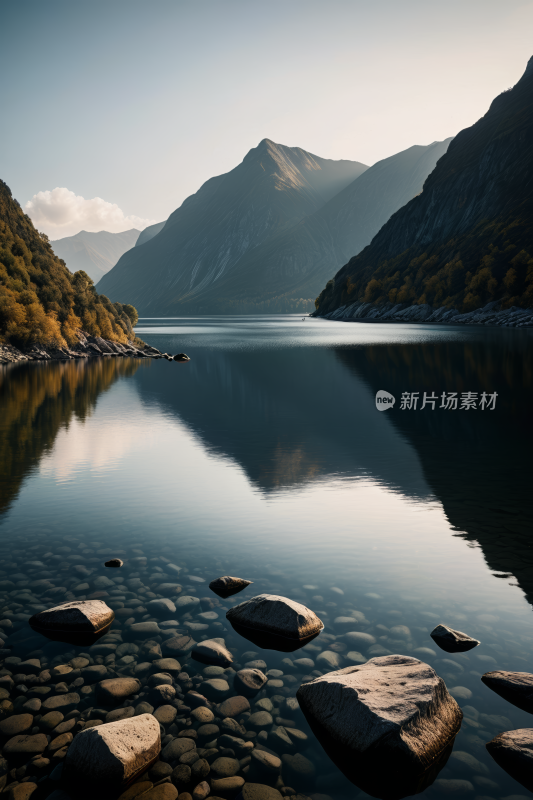 一个湖里面有岩石山脉高清风景图片