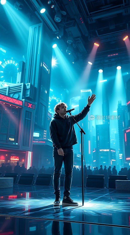 舞台上的歌手与霓虹灯光下的城市背景