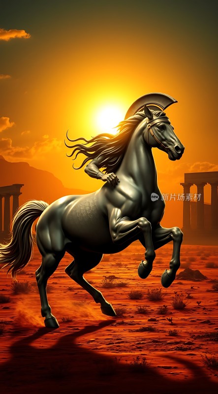 战马奔腾夕阳下的英勇瞬间