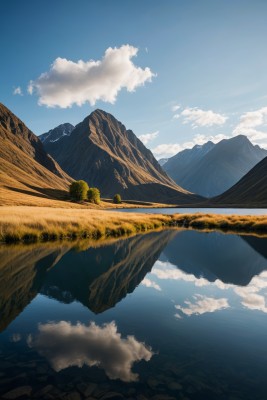 山倒映在湖中前景是几棵树高清图片