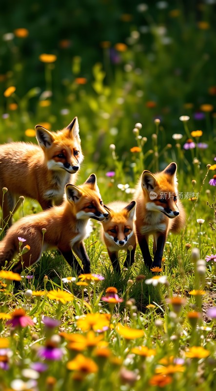 三只小狐狸在花丛中嬉戏