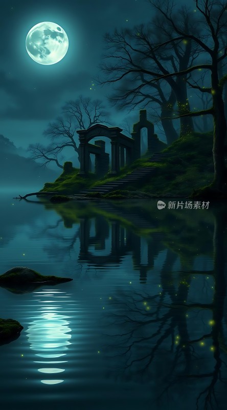 月下古堡倒影湖畔