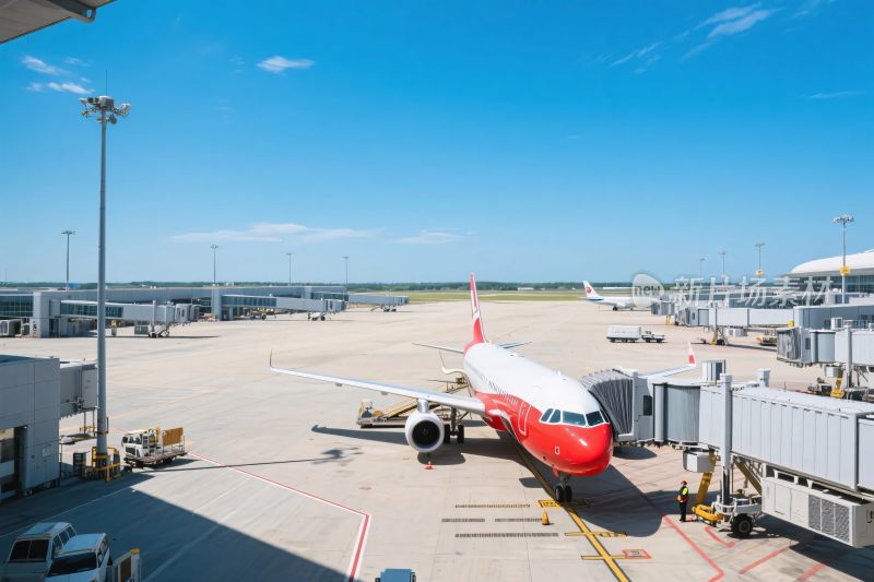 机场停机坪上的红白飞机