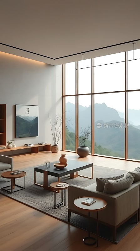 现代客厅简约风格自然光线充足家具简洁大方窗外山景宜人