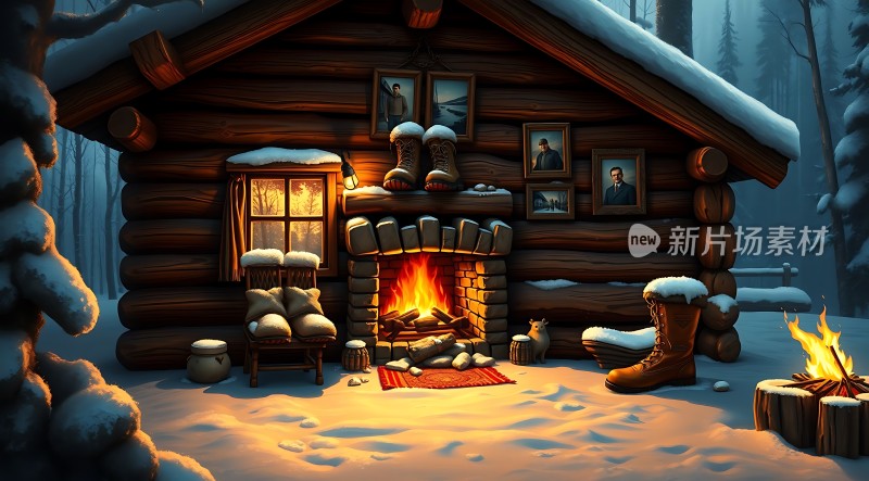 雪夜小木屋温馨 fireplace