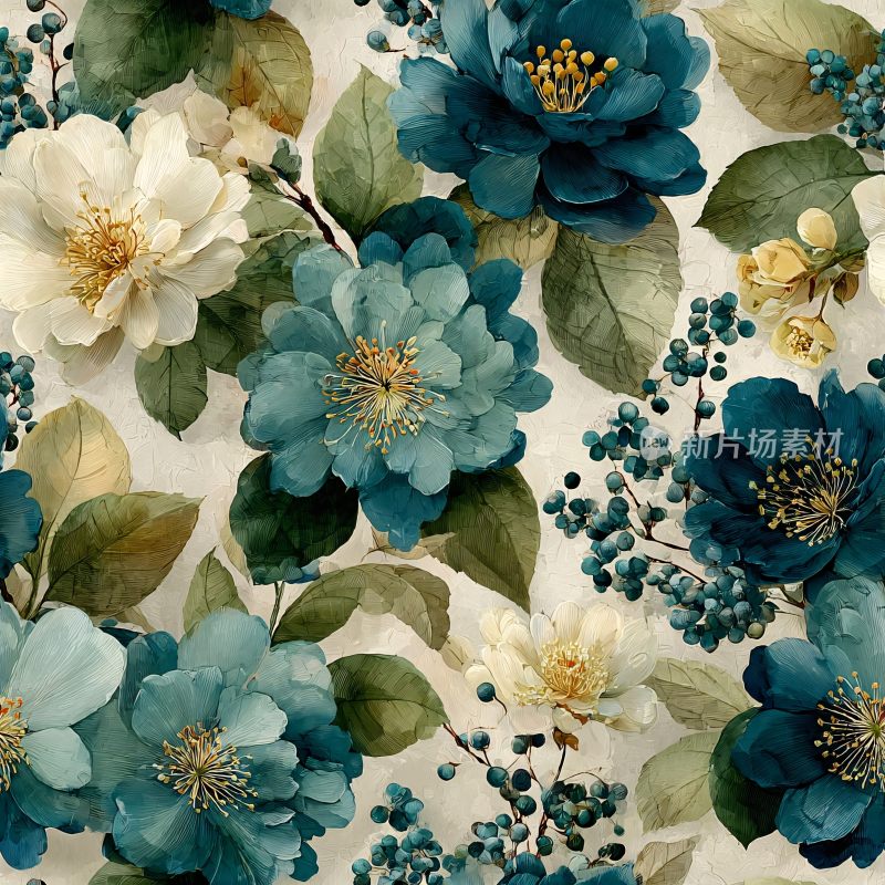 蓝白花卉植物图案插画