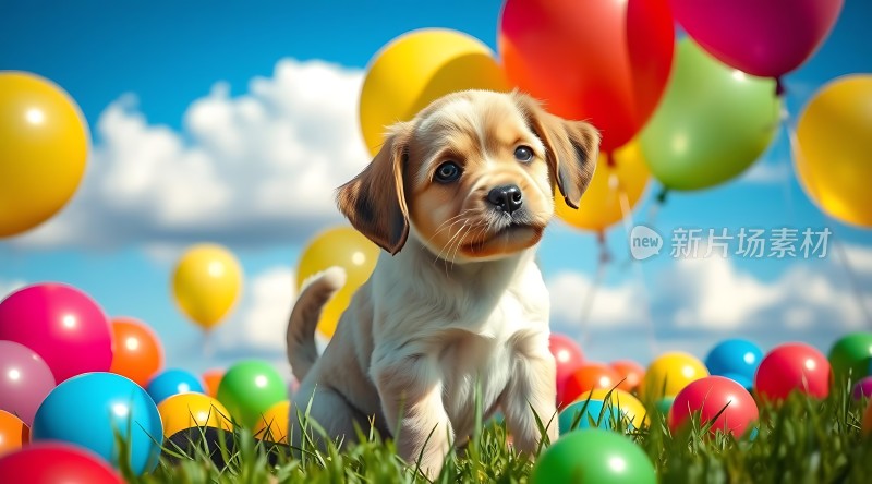 小狗与彩色气球共舞于蓝天白云间