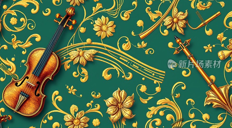 金色乐器与花卉图案交织的艺术画卷