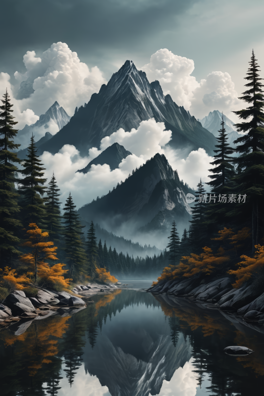 有湖有树山景高清插画图片