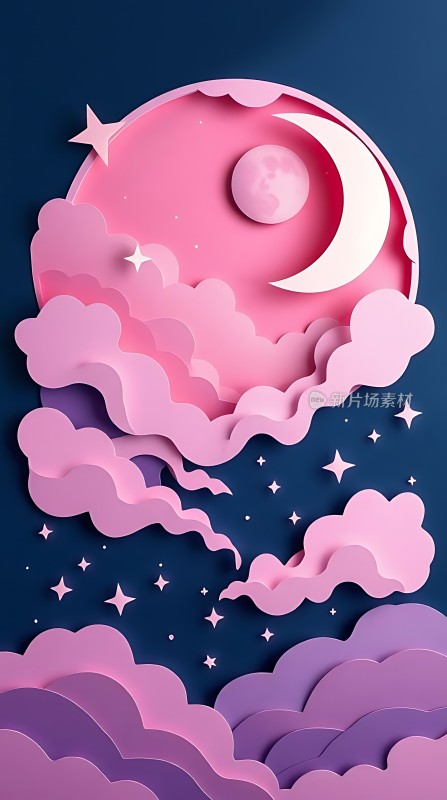 粉色云彩与月亮的梦幻夜空
