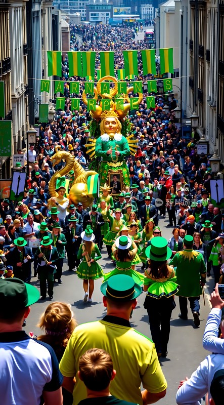 圣帕特里克节游行盛况绿意盎然节日气氛浓厚