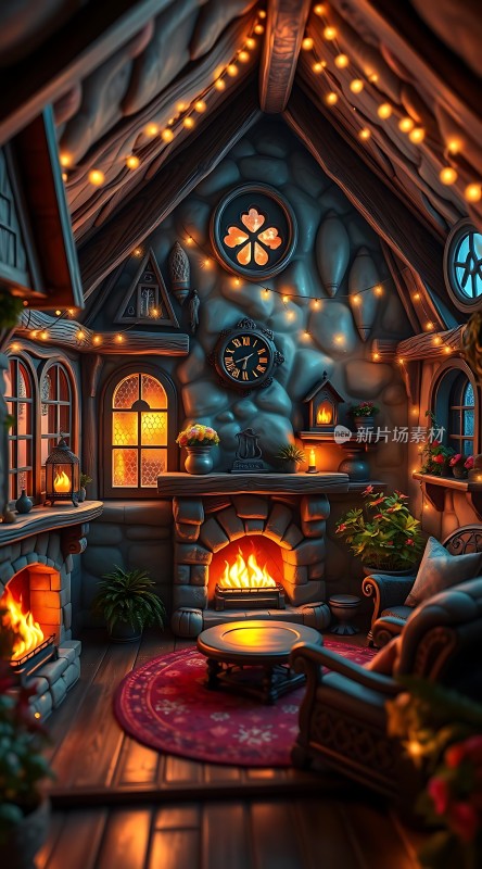 温馨小屋壁炉旁的温暖时光
