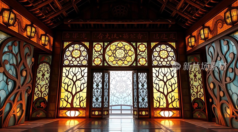 古风建筑彩色玻璃窗木质装饰灯笼照明