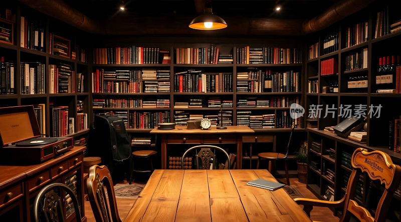 书架环绕的书房木制桌椅与复古装饰营造温馨氛围