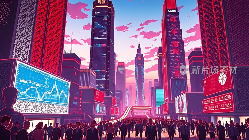 霓虹都市繁华夜摩天大楼映人潮