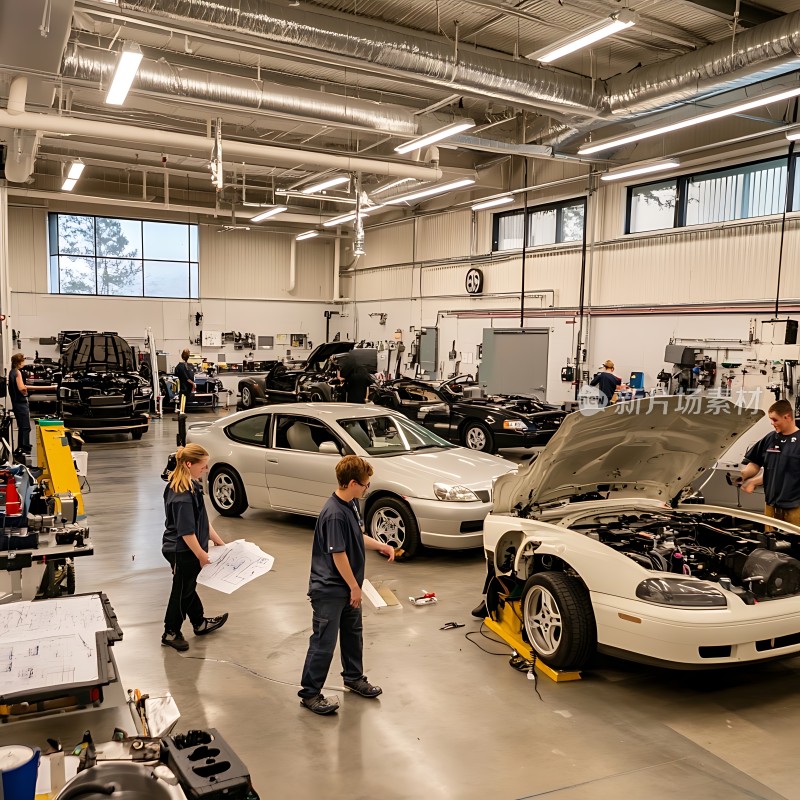 汽车维修车间里的忙碌工作场景