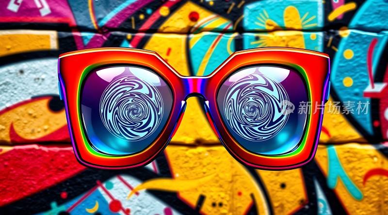 彩色眼镜映出炫目漩涡背景墙绘色彩斑斓