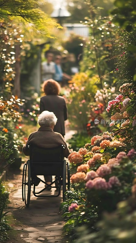 轮椅上的老人与花园漫步
