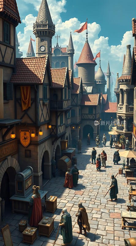 中世纪小镇繁华街景