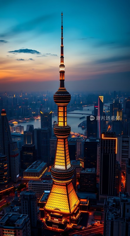 东方明珠夜景璀璨黄浦江畔城市风光
