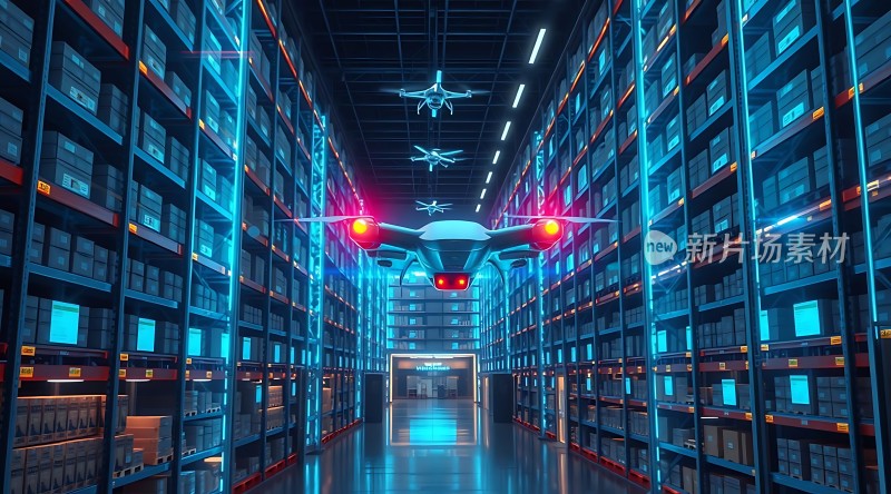 未来仓库科技感十足无人机穿梭其中展现高效物流与智能仓储