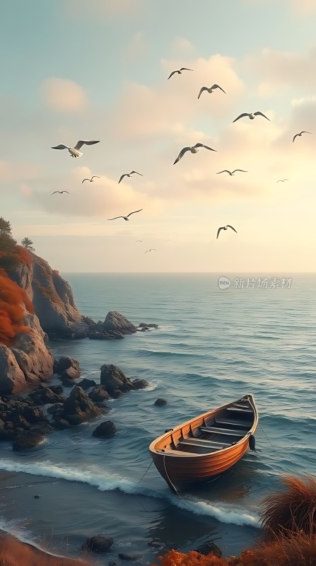 海边的木船与飞翔的海鸥